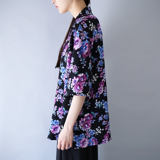 "花柄" black base beautiful cold color flower pattern box silhouette open collar h/s shirt