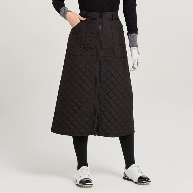 中綿キルティングフロントジップロングスカート