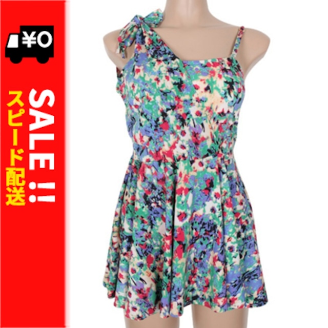 【送料無料】在庫処分	フラワー柄のワンピース風タンキニ ボリュームフリル