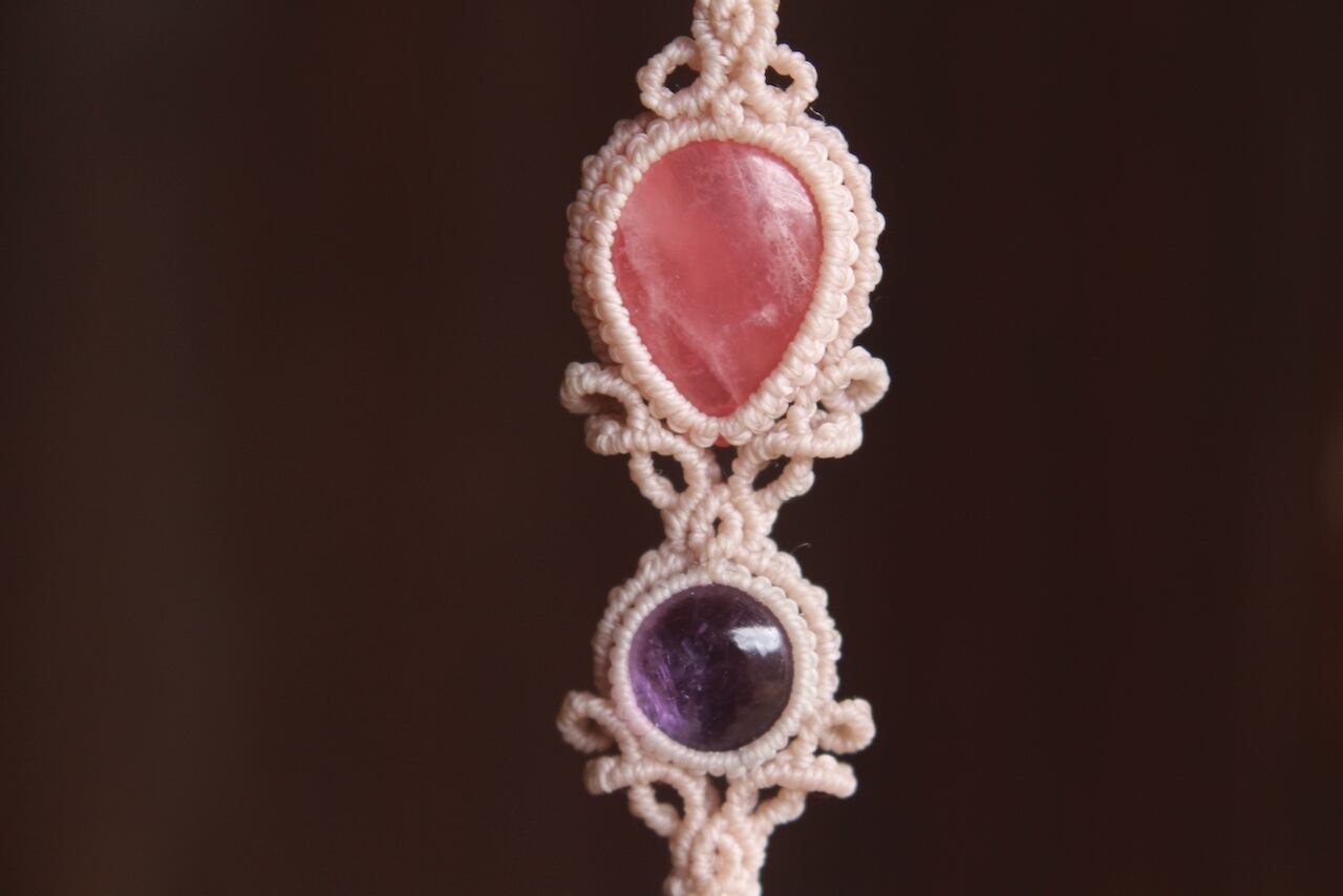 Apatite & Rhodochrosite & Amethyst micro macrame pendant