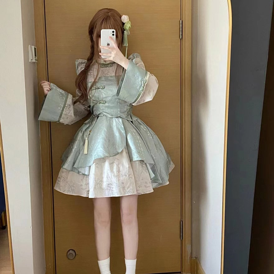ワンピース ノースリーブ フリル ボリューム スタンドネック 中華