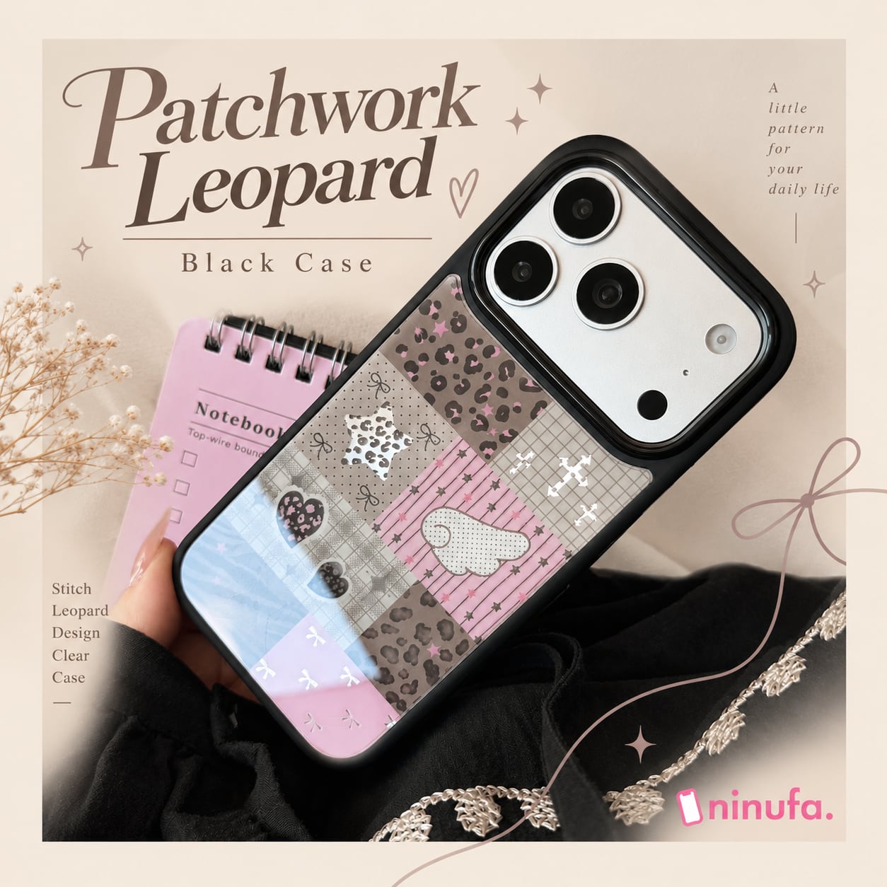 【iPhone18〜12対応】ピンクレオパード×スターウィング◎高級感ブラックフレーム 艶 おしゃれ ステッチ柄 スマホケース ND-16793