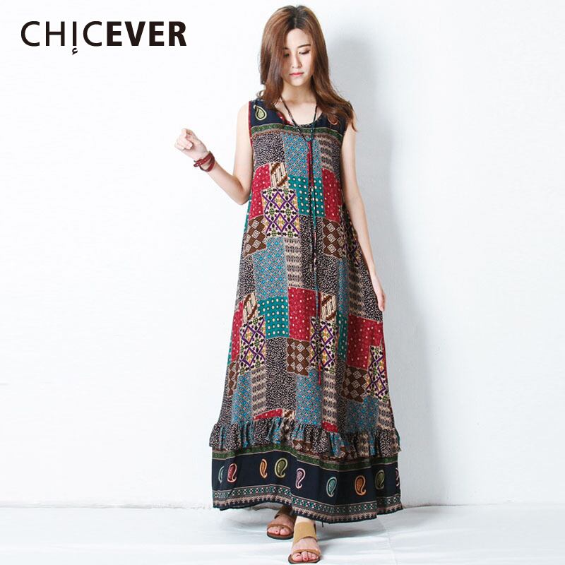 CHICEVERボヘミアンプリントドレス女性Oネックノースリーブ特大パッチワークフリル足首丈ドレス2020夏 サマー 夏物 6base523504717076