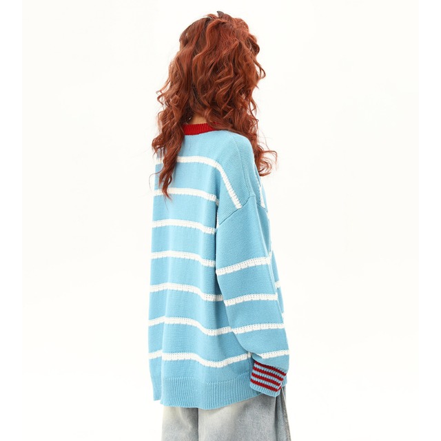 blue striped lace-up knit　ブルーボーダーレースアップニット　J1499