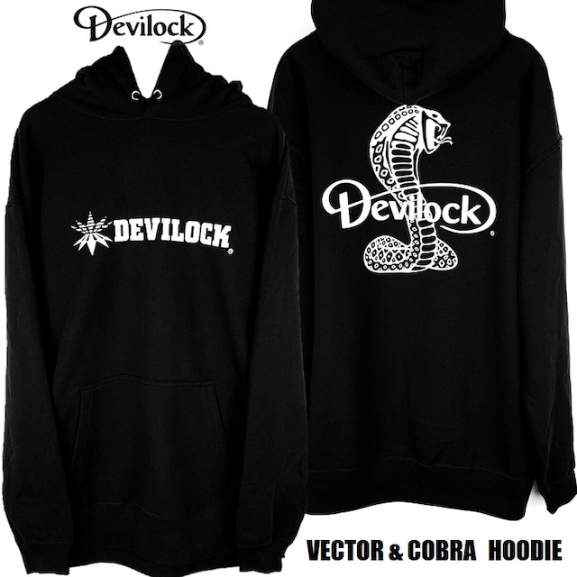 DEVILOCK / デビロック「VECTOR & COBRA HOODIE」オーバーサイズフーディー ビッグプルオーバーパーカー 裏パイルスウェット 長袖 黒 ブラック 蛇 ヘビ コブラ スネーク ロゴ 2L 3L 4L メンズレディース ハードコア パンクロック PUNKROCK バンド フェス ステージ衣装 Rogia