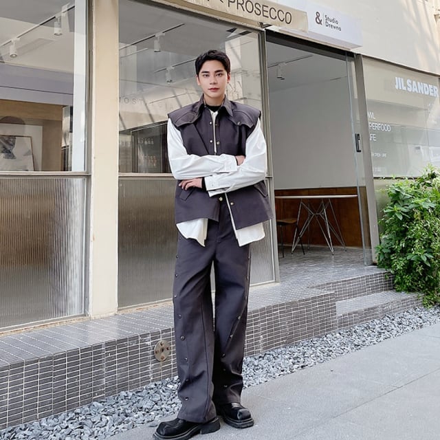 【予約販売】メンズ セットアップ 上下 ベスト グレー 男前 韓国 パンツ セット カジュアル お洒落 韓国 トレンド M/L/XL