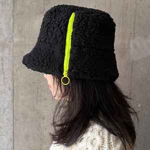 Boa zipper bucket hat   ボア ジッパー バケットハット ブラック×ネオンイエロー　帽子　バケハ　ネオンカラー