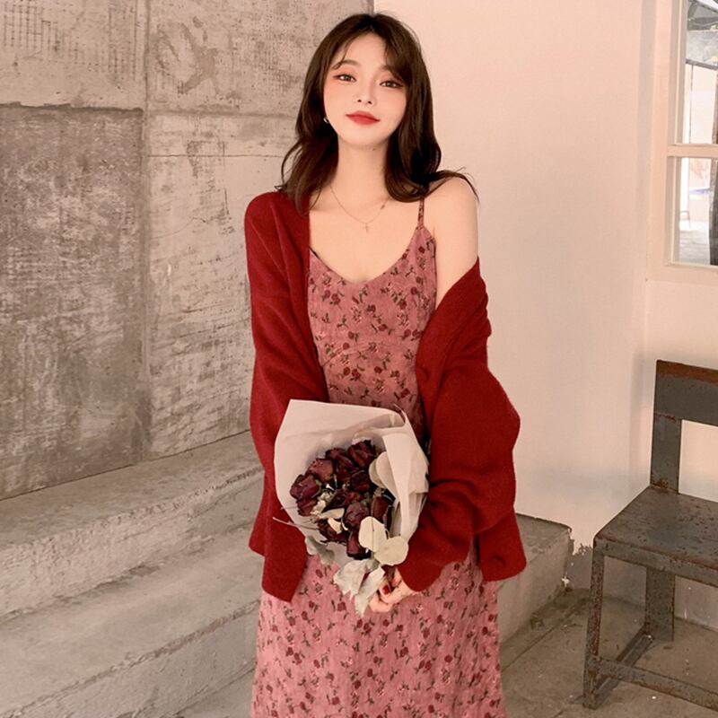 スタンダードレッドフローラルドレス スプリングウェストスカート レトロ 春物 花柄 萌量不足30899812656