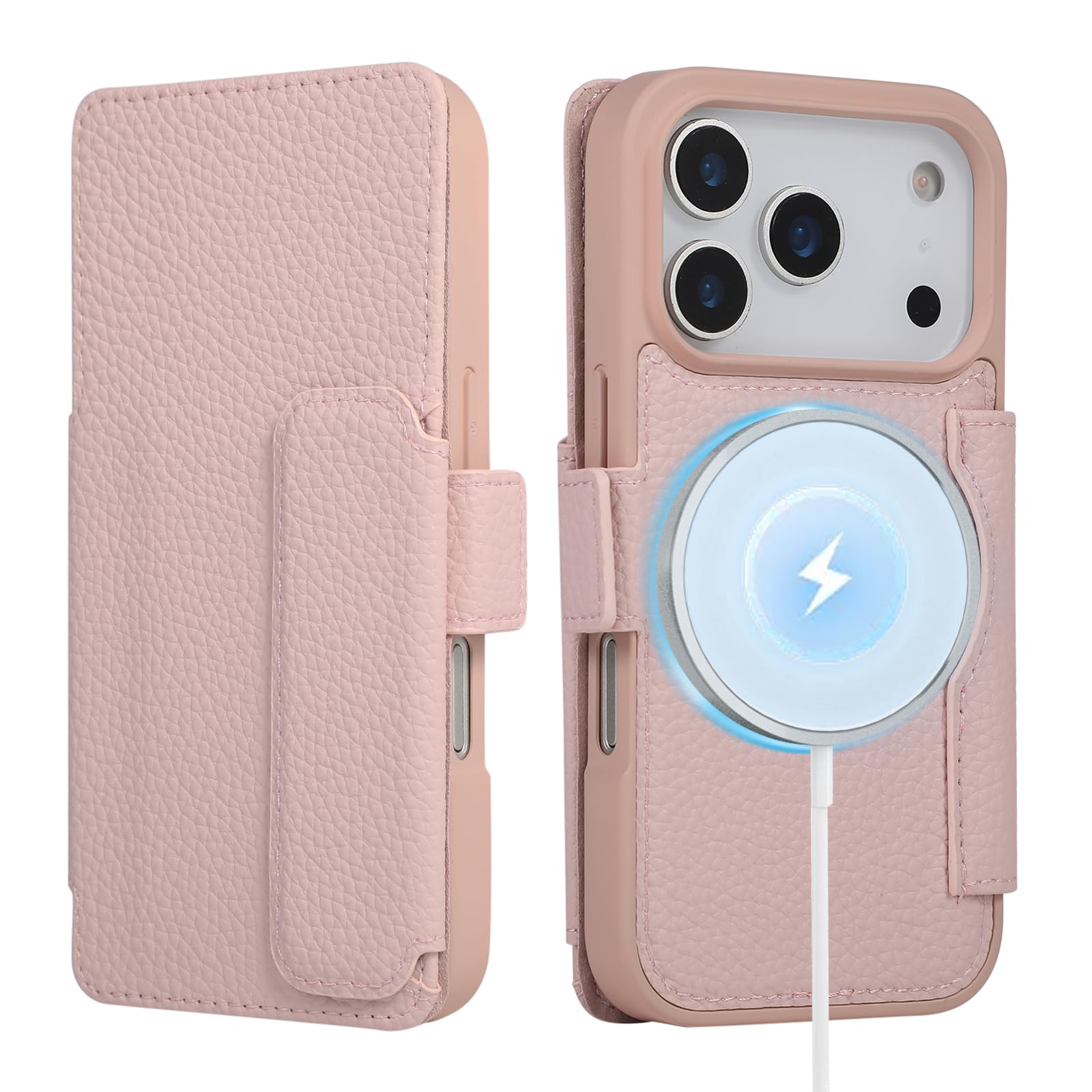 Mldjomid 向け iPhone 18 Pro ケース 手帳型 いphone17pro 携帯カバー 磁気吸着 ワイヤレス充電対応- ピンク