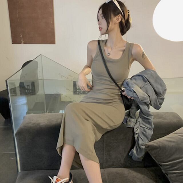 ワンピース レディース ミディ丈 ひざ下丈 ミモレ丈 タンクトップ ノースリーブ タイトワンピ カジュアル 旅行 デート 乗り物 お出かけ 春夏 ラウンドネック グレー/ブルー/グリーン