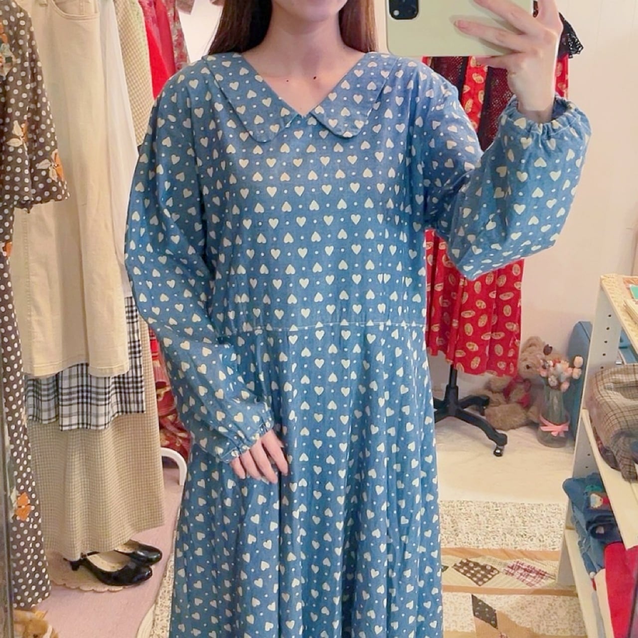 heart dot denim flare one-piece
