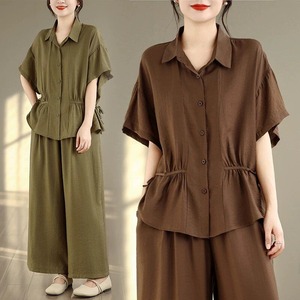 SOLID HALF SLEEVES DESIGN SHIRT & WIDE LEG PANTS SUIT 2pieces 2colors M-16583