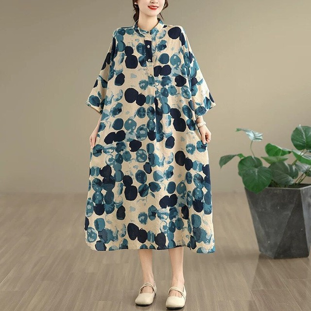 PRINT STAND COLLAR 3/4 SLEEVES A-LINE MIDI SHIRT DRESS 3colors M-16596