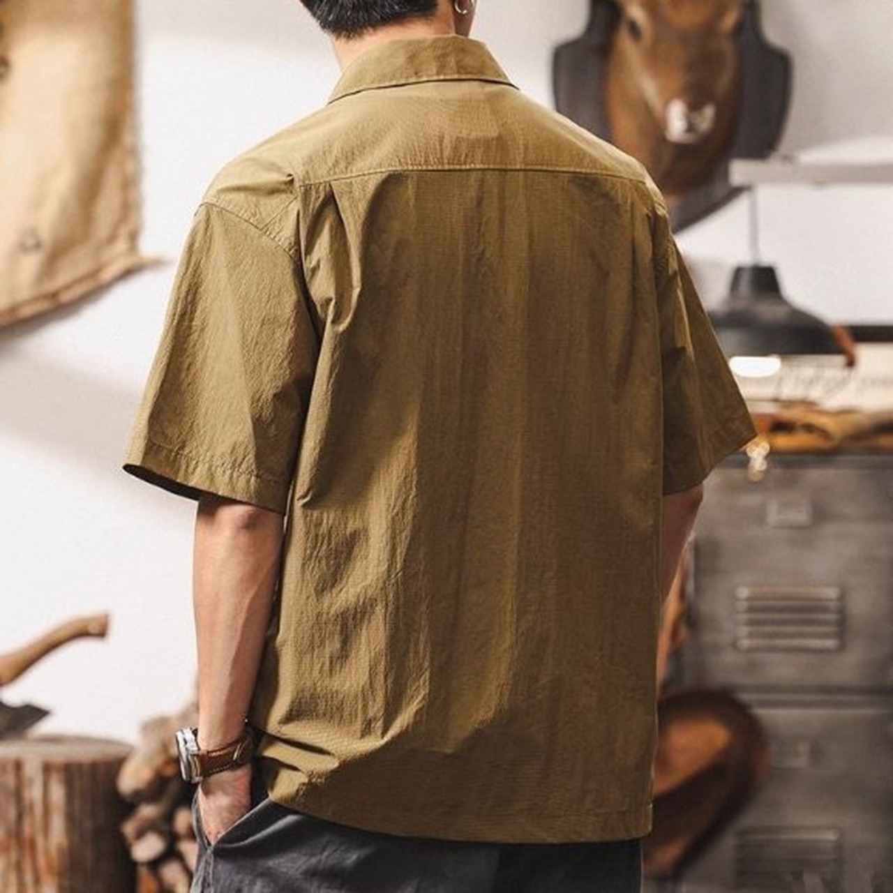 Patch Pocket Short Sleeve Open Collar Shirt ◇H0576