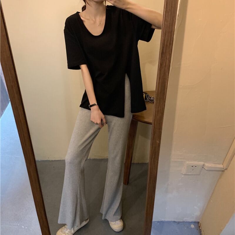 ラウンドネックスプリット半袖トップワイドレッグパンツの夏バージョンは、女性のネットレッドウエスタンレジャースポーツツーピーストレンドに合います 1号婦人11166911172