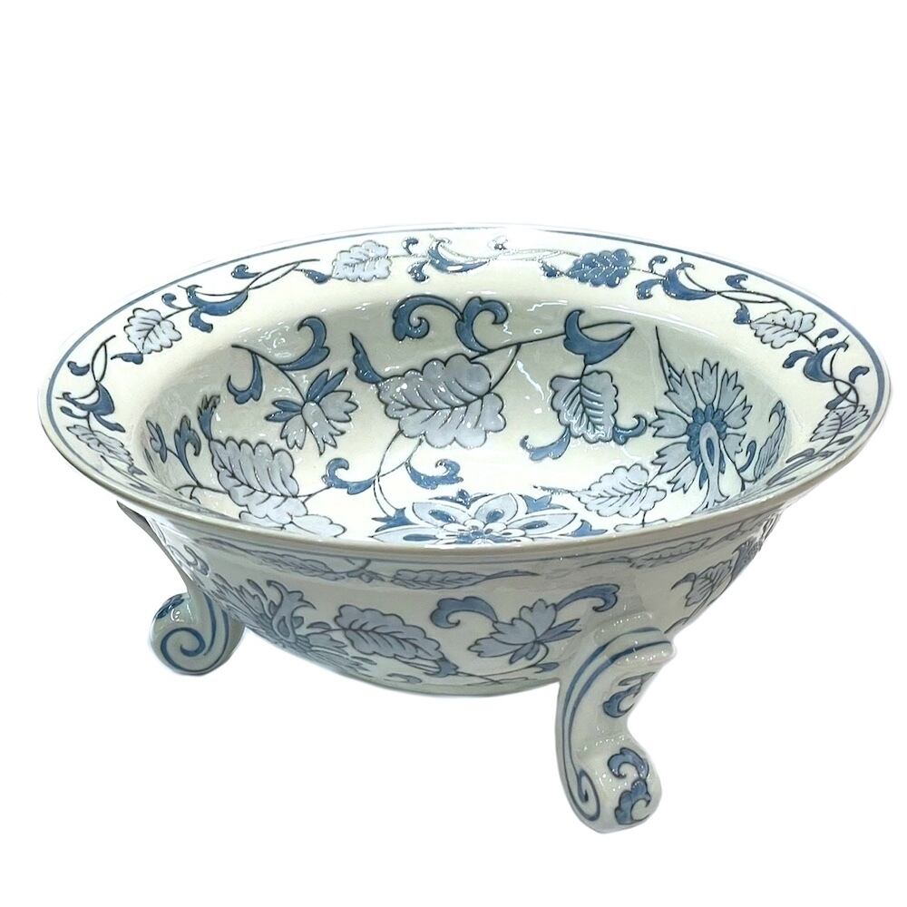 青花 魚の絵 高台鉢 草花柄 水盤 三脚口広魚缶コバルト ブルー 青 fl11-038b めだか