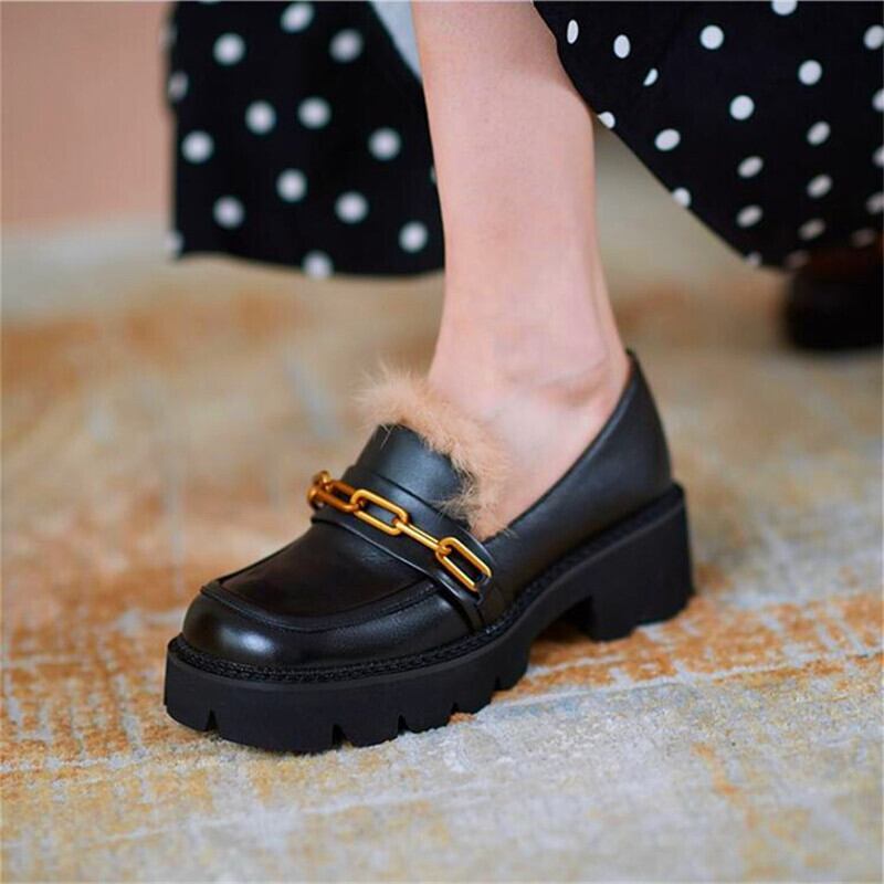 【新作】【送料無料】 毛皮のワンピースの女性のハイヒールの靴は、プラットフォームの金属チェーンの装飾的なハイヒールの靴の冬の広場を増やしました シューズ ウィンター 冬物 スクウェア 10b393217313382