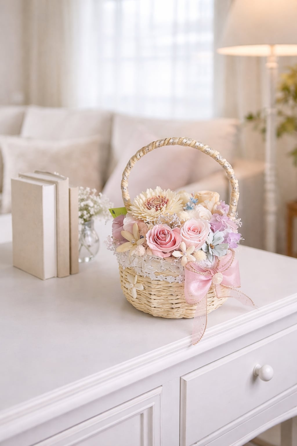 ピンクの花かごバスケット【BA-001】高さ20㎝│やさしいパステル｜インテリアフラワー｜ギフト｜母の日プレゼント