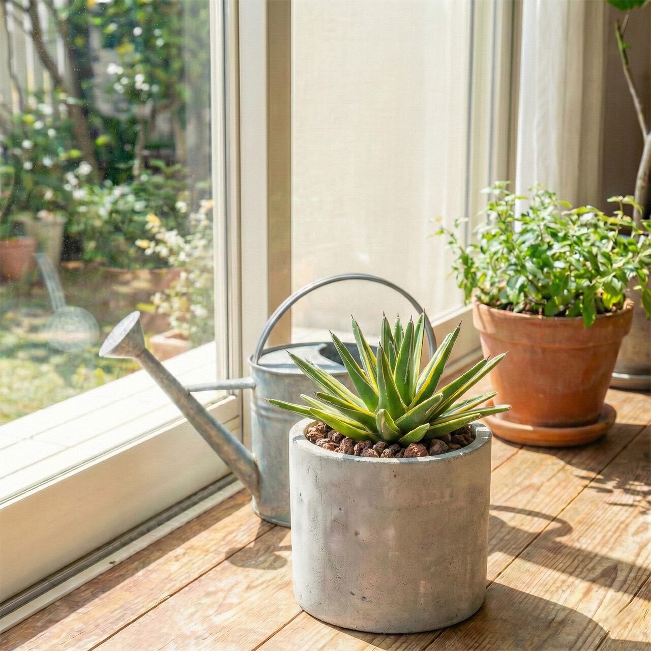 アガベ 笹の雪 黄覆輪 希少な多肉植物 モルタルの手作り鉢でお届け おしゃれなインテリアグリーン 卓上サイズ