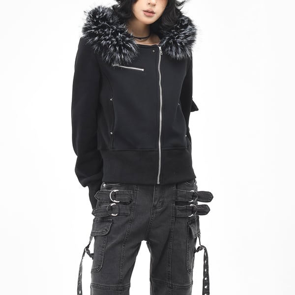 ファーエッジフードアシメジッパースタッズスリムスウェットジャケット(2カラーあり)(ruf_02611)