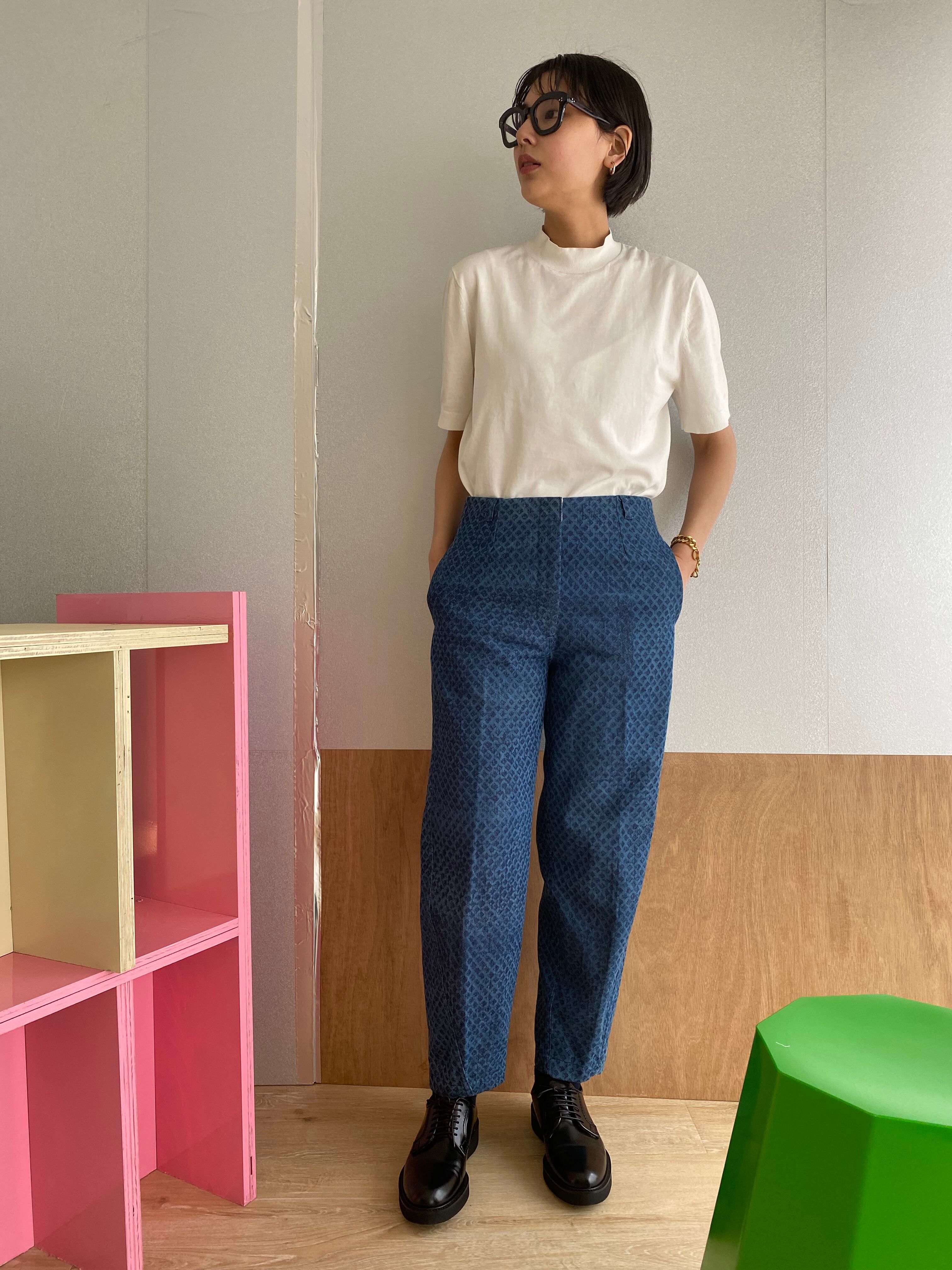 High waist pants "block print indigo" cotton denim