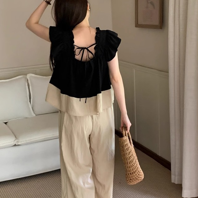 Square collar back ribbon tops and wide pants setup　RW0767