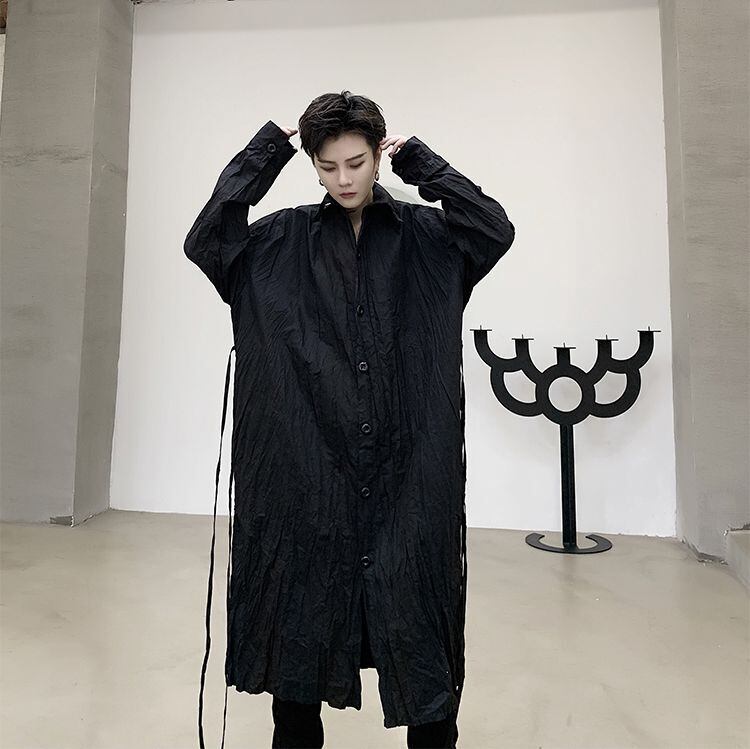 予約販売】ロングシャツ メンズ 長袖 シワ加工 ライトアウター