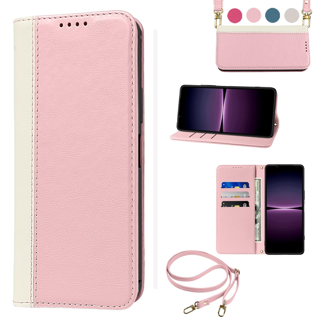 Xperia 1 V ケース 手帳型 高質PUレザー Xperia 1 V SOG10 ケース SO-51D カバー XQ-DQ44 携帯カバー 肌感のよ 二色組合せ 耐衝撃 肩掛け 首かけ 斜めがけ ショルダー ケース 皮革 耐汚れ 内蔵マグネット開閉式 スマホケース おしゃれ カードポケット スタンド機能 人気 財布型(ピンク+ホワイト)