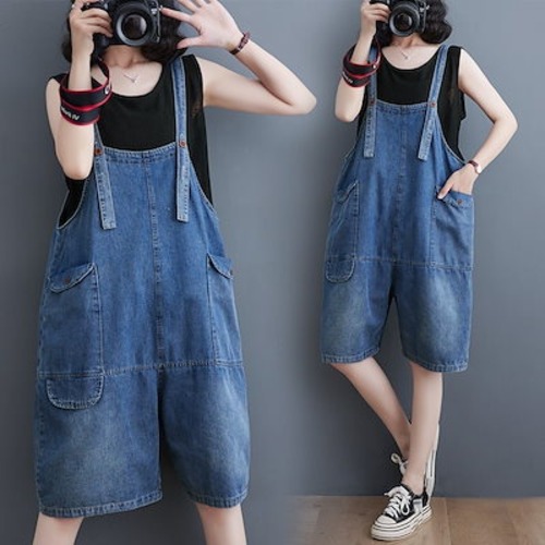 コーデ完成！サロペットジーンズ 韓国ファッション 体型カバー ゆったり ストレート オーバーオール リネンパンツ ゆったり 無地 カジュアル ストレートワイドパンツ