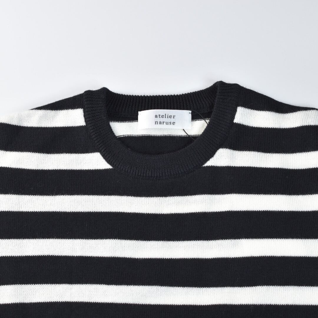 atelier naruse アトリエナルセ コットンウールボーダーニット・ブラック x レッド 袖口の配色がベーシックなボーダーニットのアクセント【送料無料】