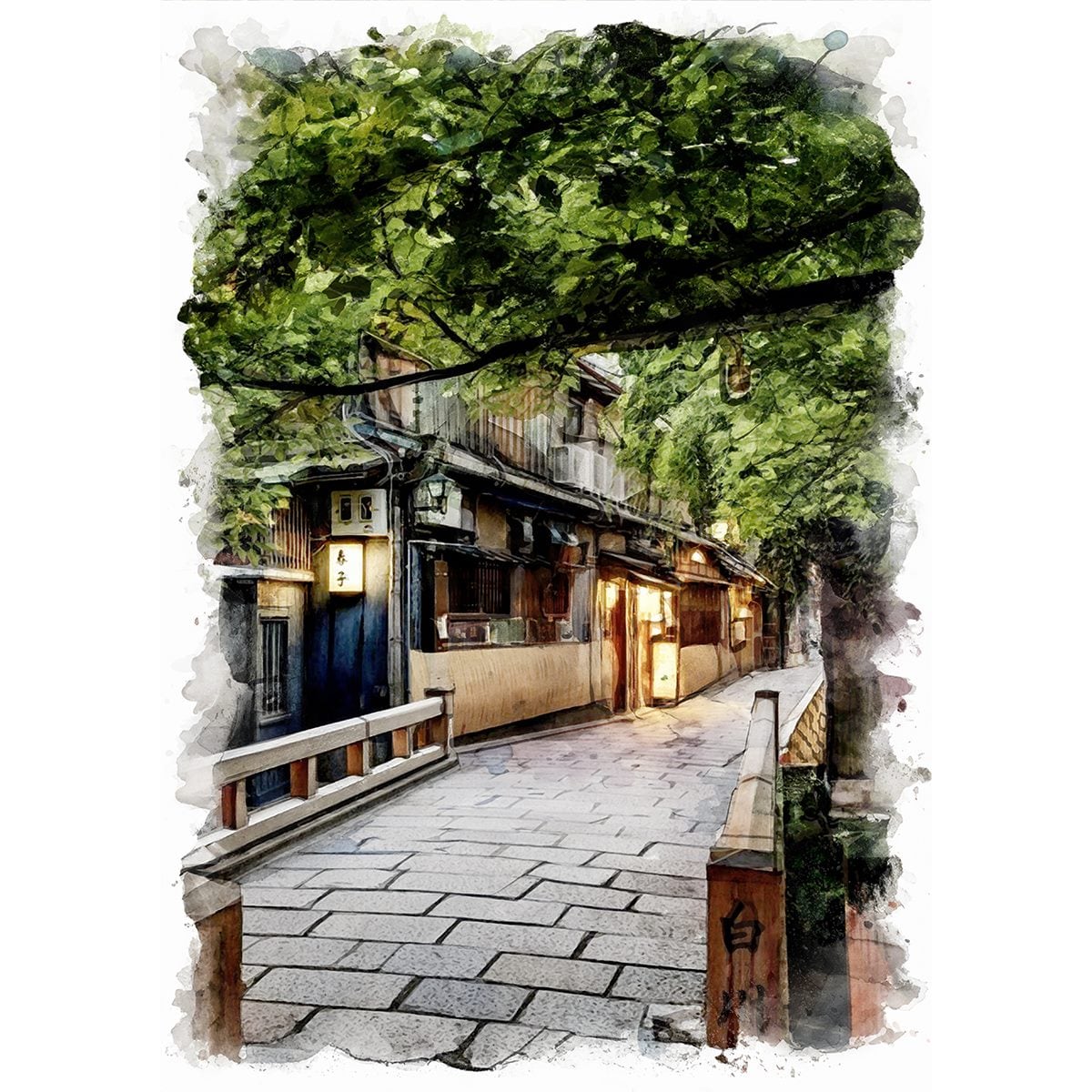 絵画(風景画) 日本 京都府 祇園 巽橋 インテリアアート額付き 水彩画 