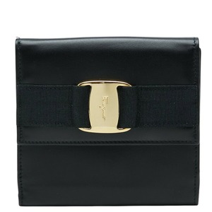サルヴァトーレフェラガモ ヴァラ リボン 二つ折り財布 224074 ブラック ゴールド レザー レディース Salvatore Ferragamo 【中古】