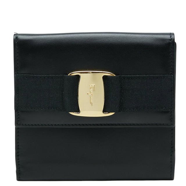 サルヴァトーレフェラガモ ヴァラ リボン 二つ折り財布 224074 ブラック ゴールド レザー レディース Salvatore Ferragamo 【中古】