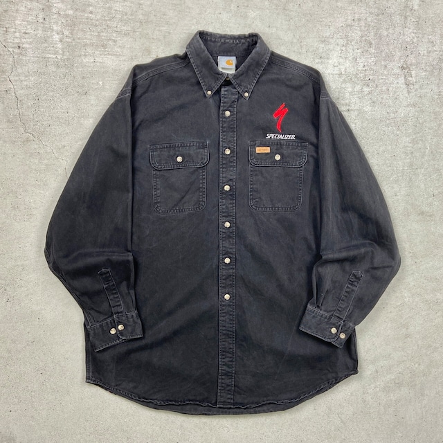 Carhartt カーハート 長袖ワークシャツ ボタンダウン メンズ2XLT相当 古着 アメカジ デザイン刺繍 ヴィンテージ VINTAGE 黒【長袖シャツ】/ブラック