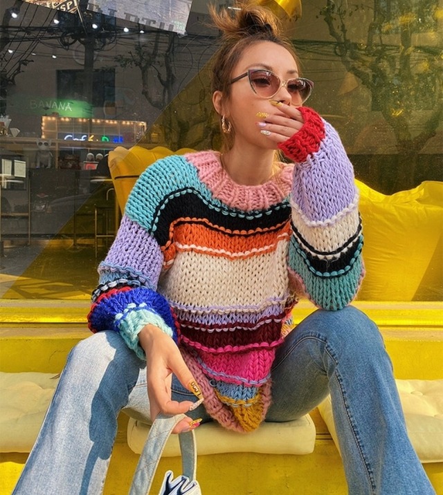 送料無料 マルチカラー ボーダー ニット セーター お取り寄せ カラフル トップス Import Shop Lafata ラファタ