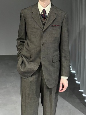 [3PIECE] vintage check suit - 3button single jacket × lapeled vest × wide tuck trousers / khaki