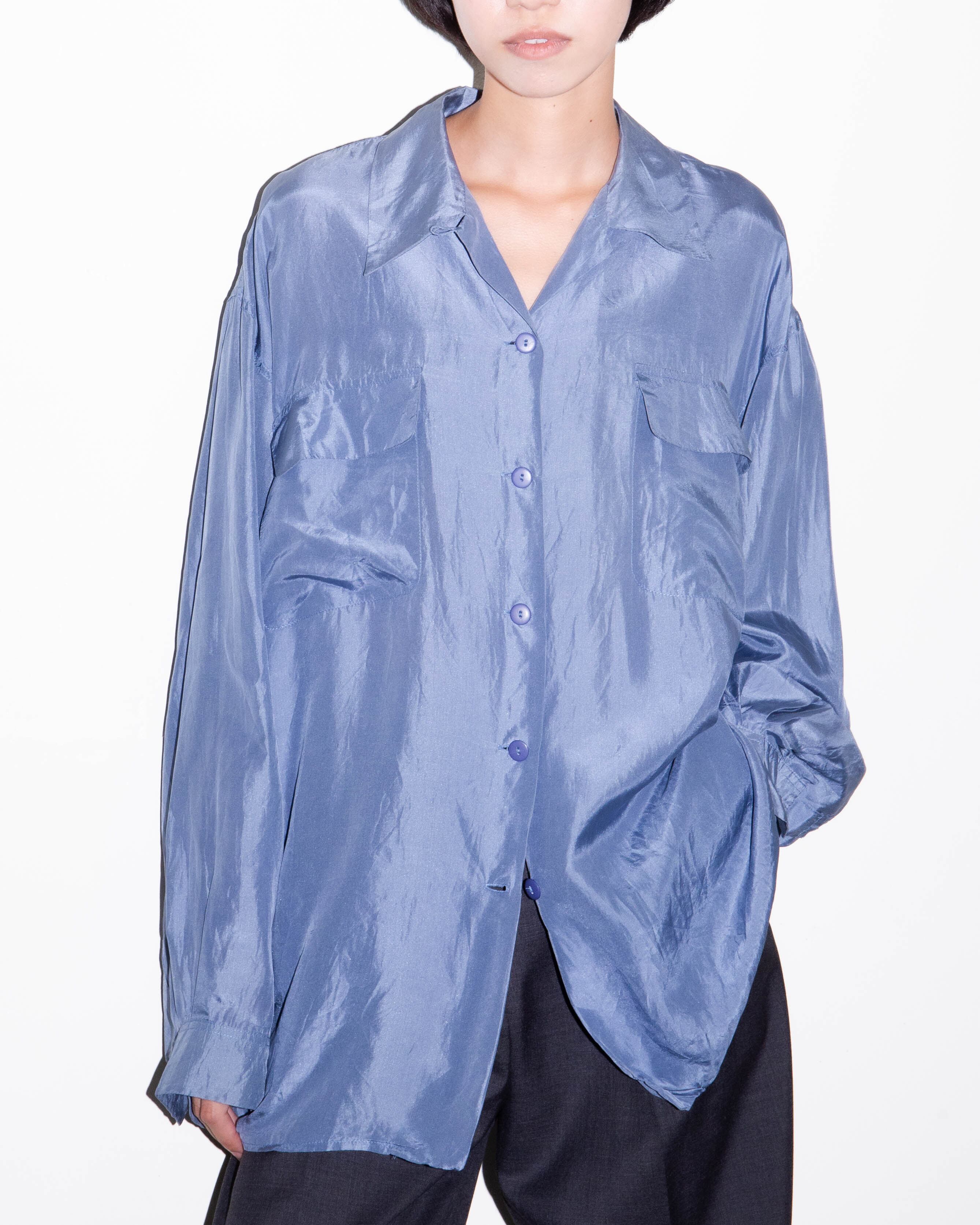 1990s open collar double flap pocket silk shirt / Blue | LUIK FINN