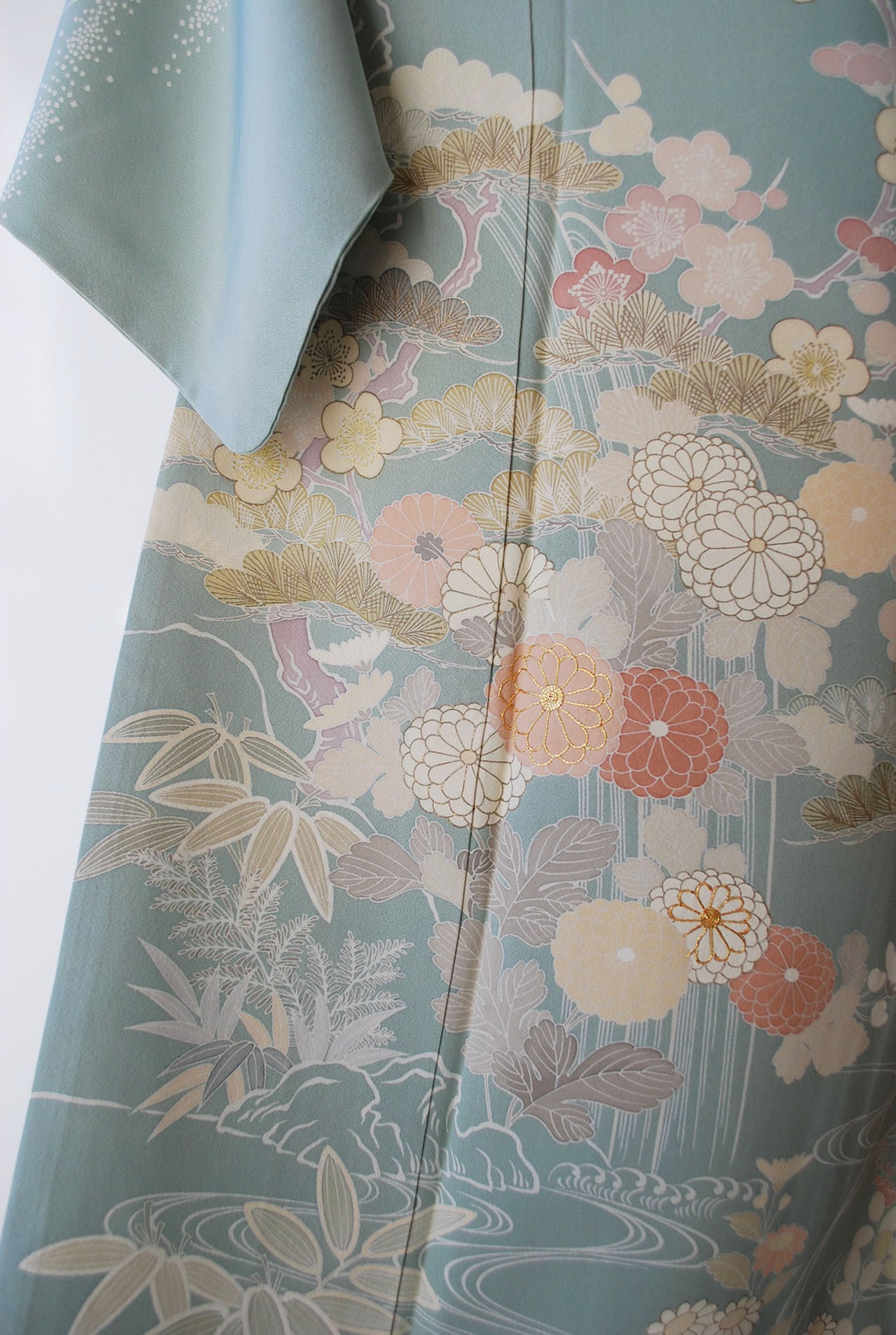 袷】千總製三越扱い 滝と流水に華文 千草色訪問着 | 大山キモノ・ちぇ