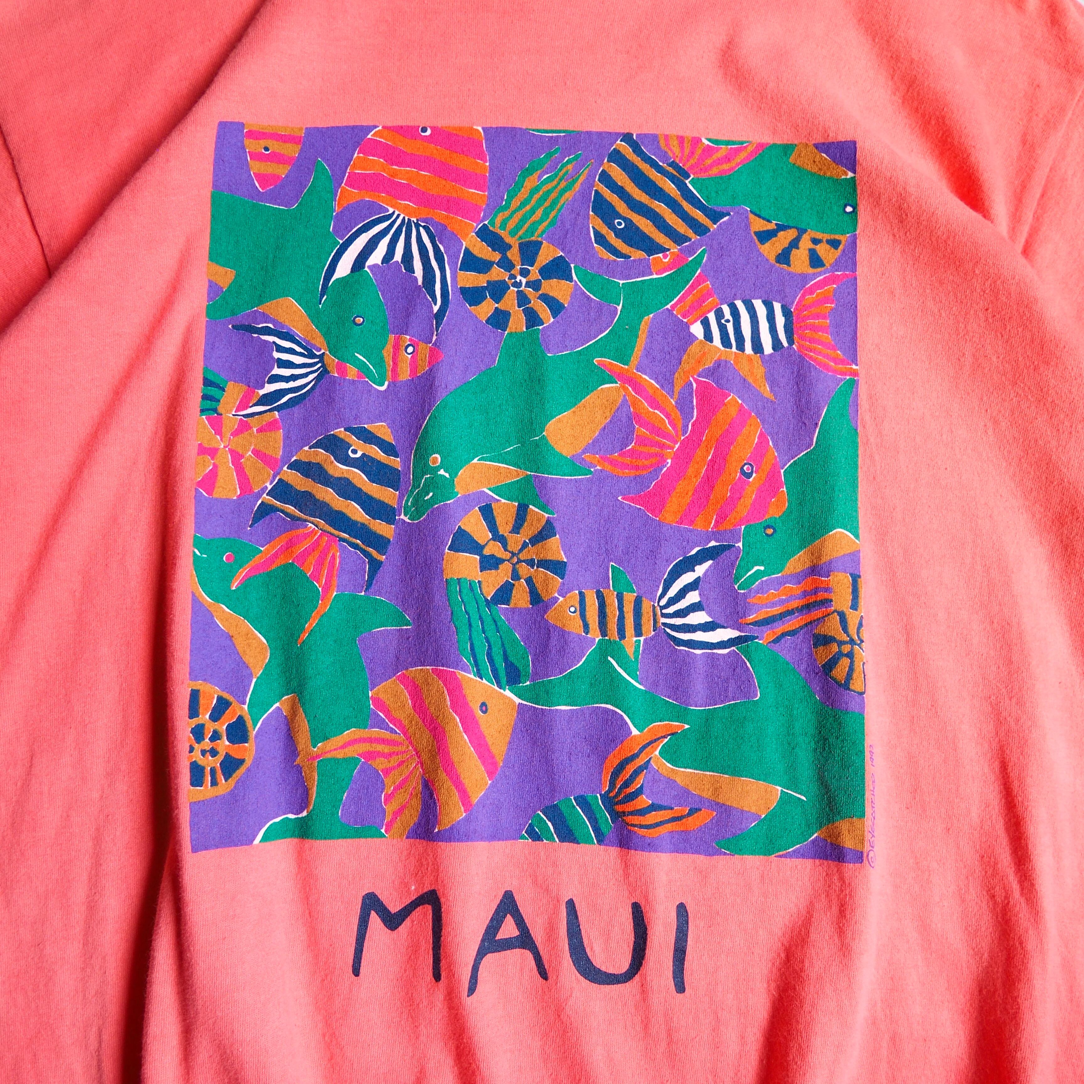 1992s " Made in USA " Fish printed Flamingo pink color vintage loose Tee