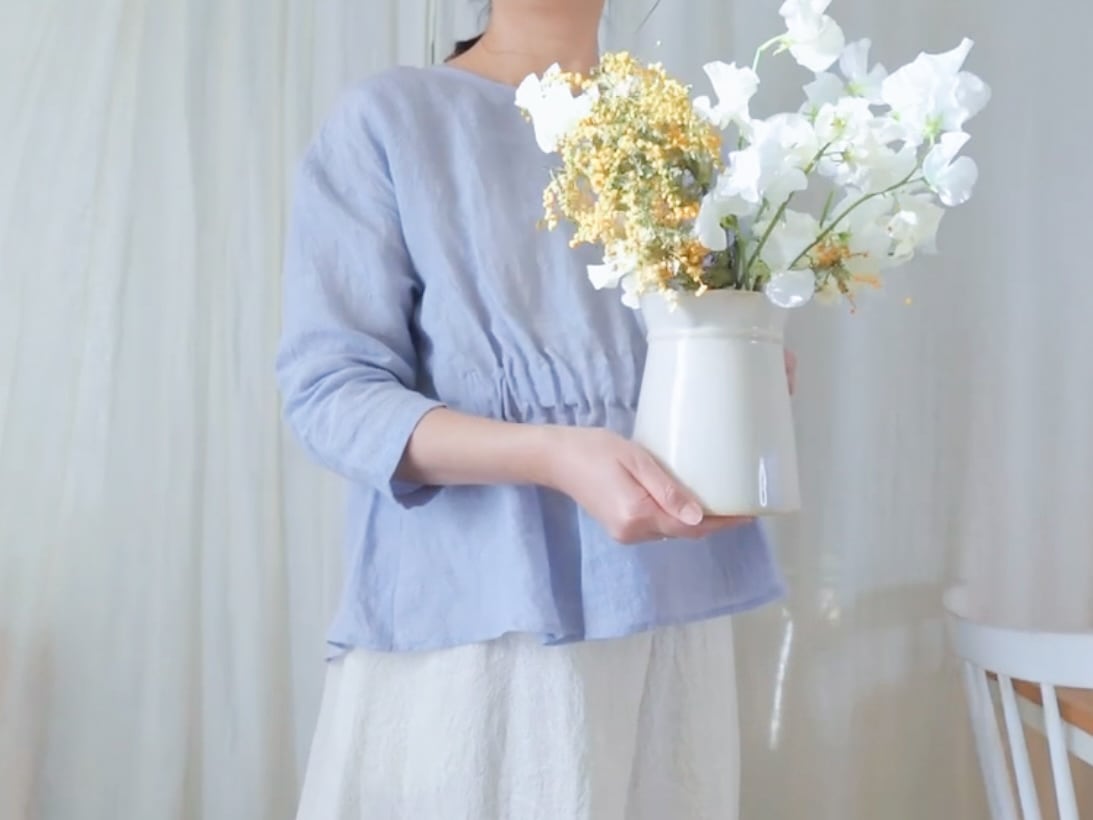 フロントギャザーブラウス七分袖(ラベンダー) リネン100%