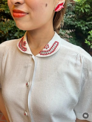 50's vermillion beads clear rhinestone blouse