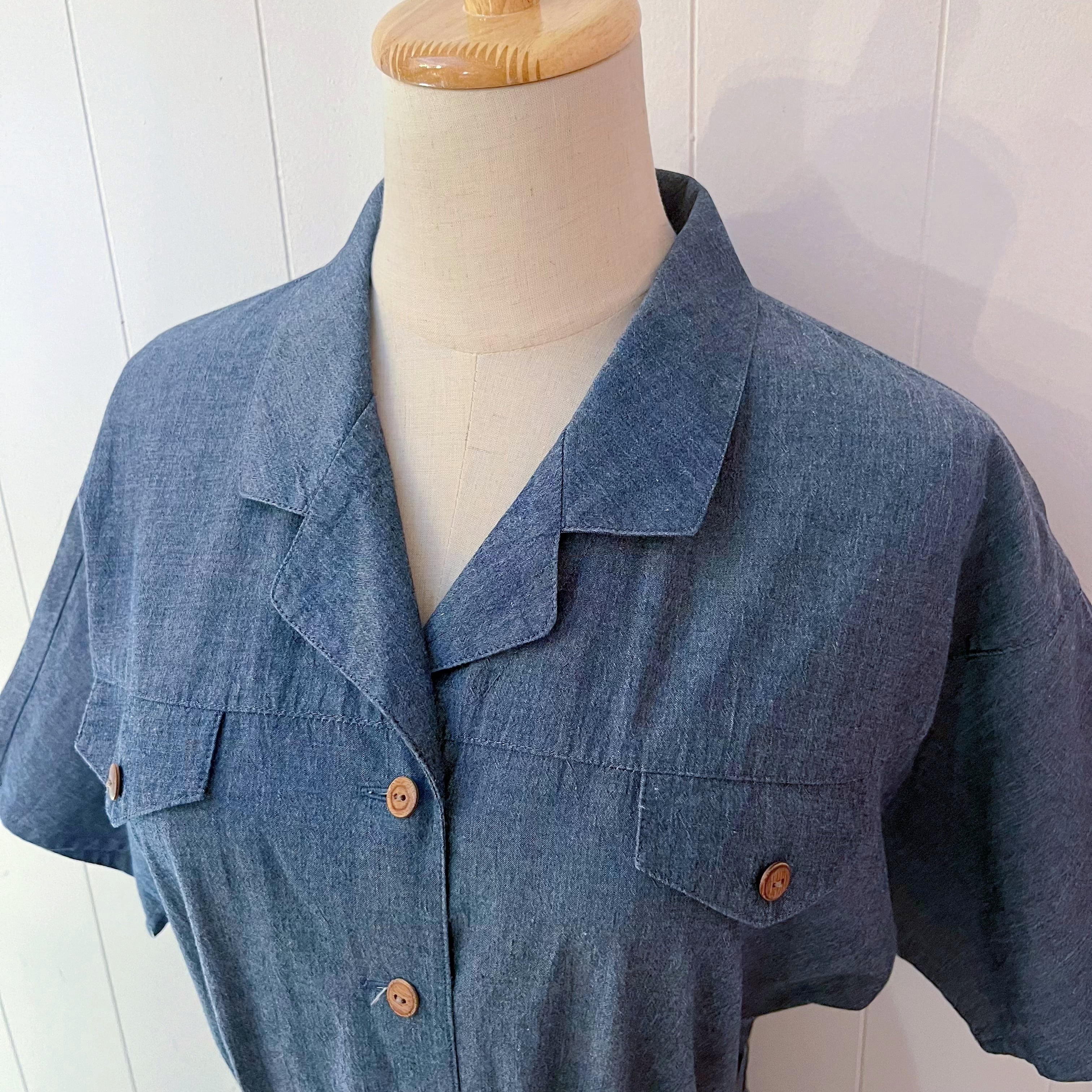 chambray open collar one-piece