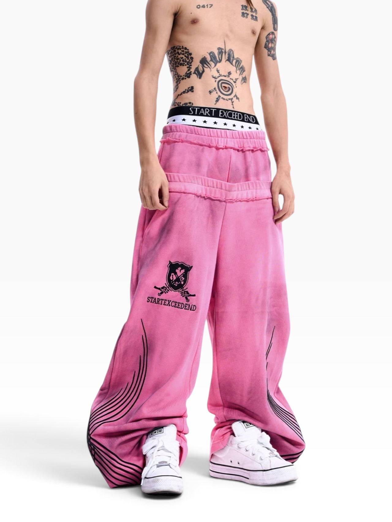 【STARTEXCEEDEND】DOUBLE WAIST EMBROIDERED WIDE LEG SWEATPANTS