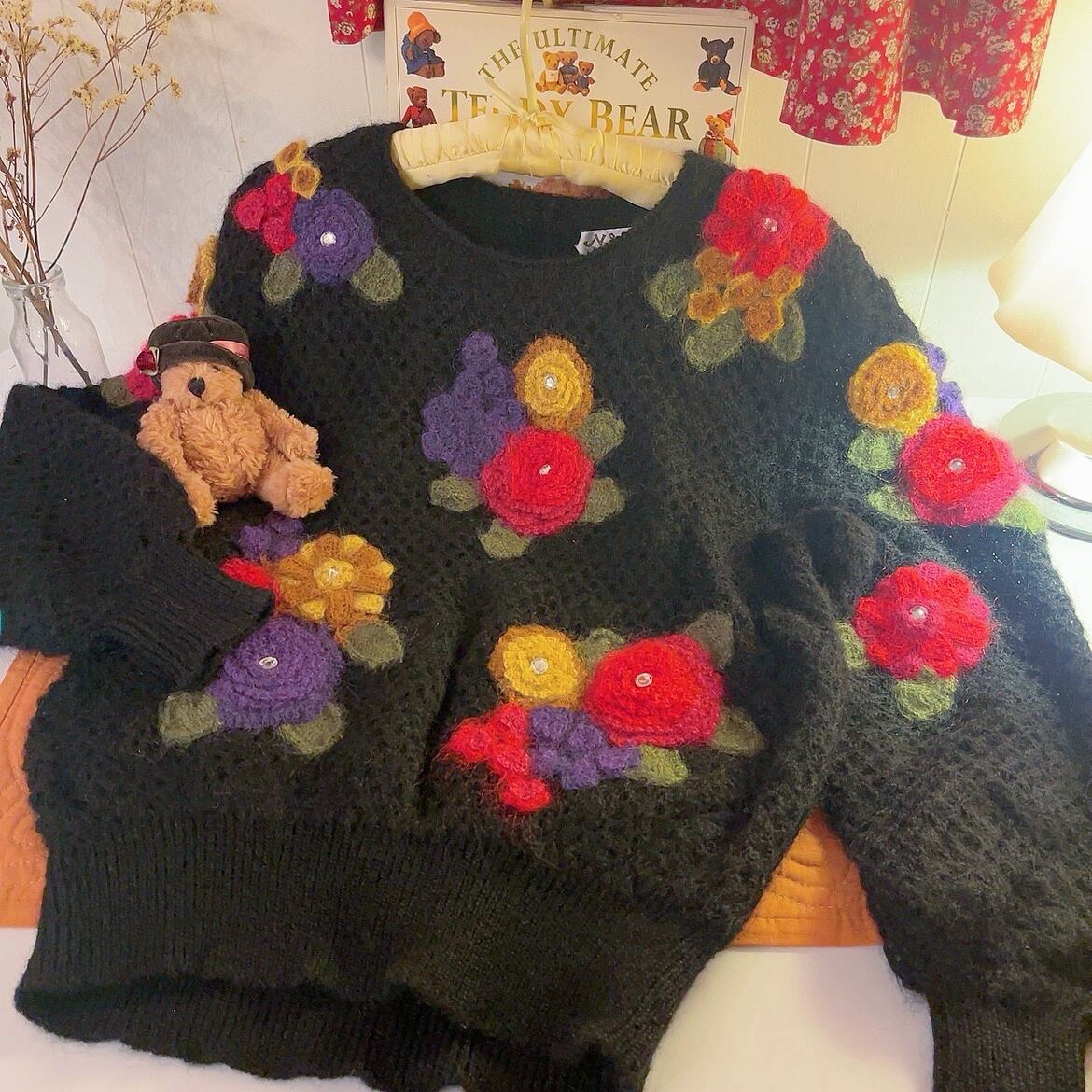 colorful flower stone mesh knit sweater