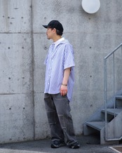 METHO - Open collor flat shirt shortsleeve : Green stripe