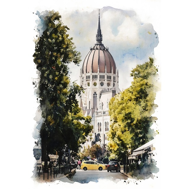 絵画 風景画(街並み) ハンガリー ブダペスト国会議事堂 インテリアアート額付き 水彩画・油絵調 WAT0591