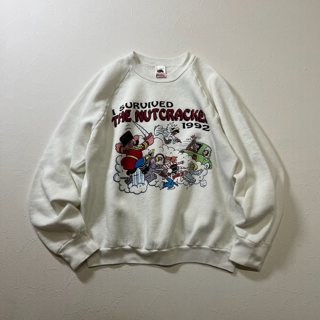 90s USA ラグラン くるみ割り人形 プリント スウェット トレーナー ホワイト L 古着