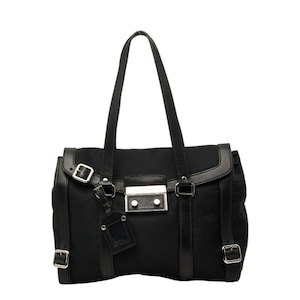 プラダ 三角ロゴプレート フラップ ショルダーバッグ ブラック ナイロン レザー レディース PRADA 【中古】