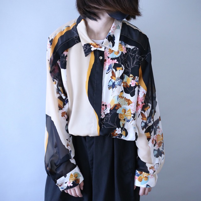 '"和" motif special flower art pattern fly-front see-through shirt