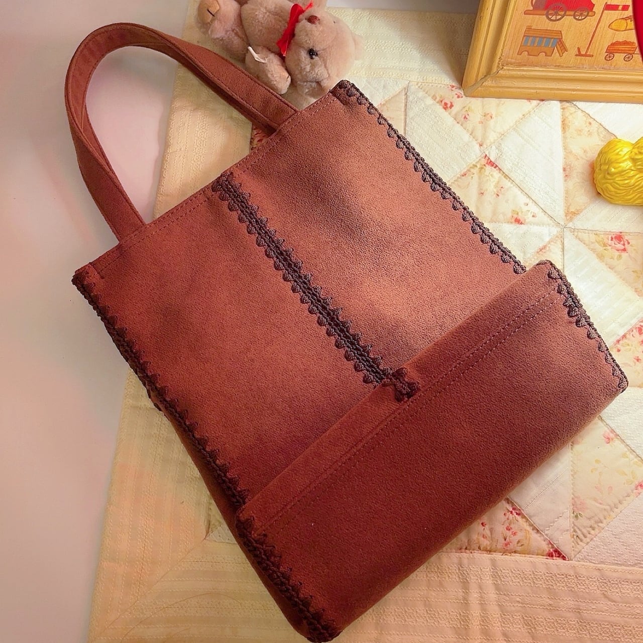 brown suede hand bag